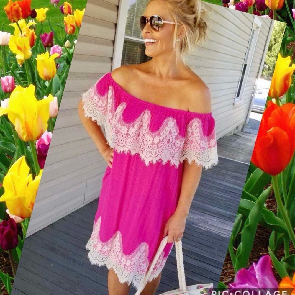 Hot pink swimsuit cover or dress off the shoulders !#woodsyfairy photos#Boho